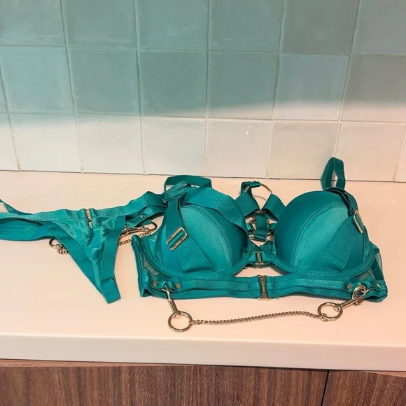 Honey Birdette KUKURO💚 Jade Green 2 Piece Set 32DD Harness Bra + Panty XS